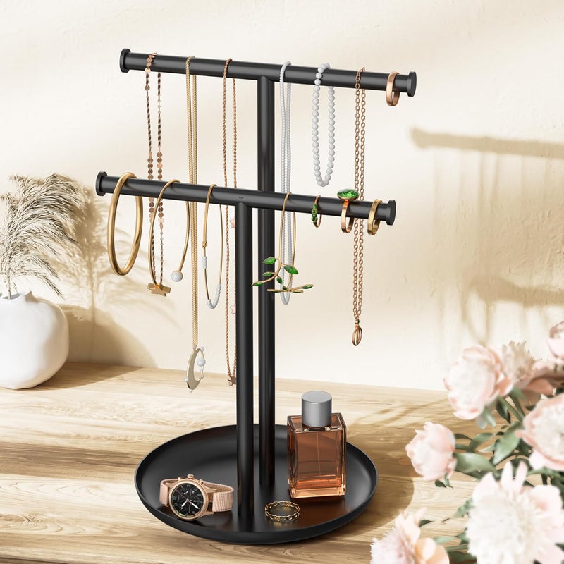 Jasopaco Necklace Rack Stand with Storage Tray - 2 Rods T-Shaped Jewelry Holder Stand for Bracelets, Earrings, Rings | Elegant Vanity & Dresser Top Storage for Women, Black. - Image 1